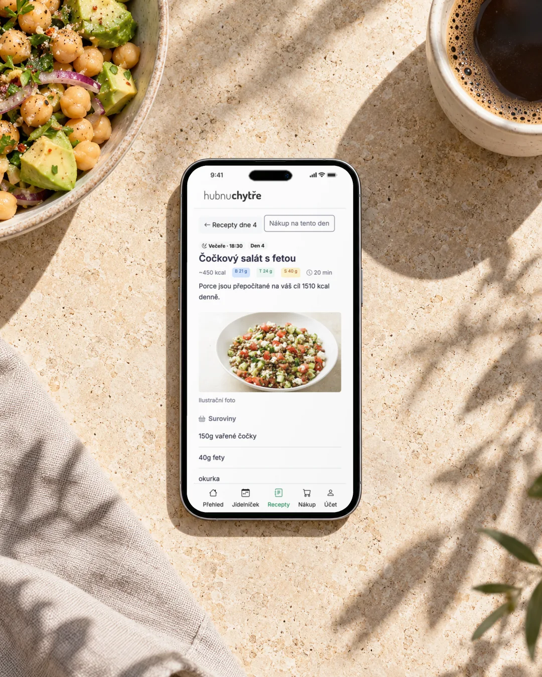 Recept v aplikaci Hubnu Chytře na iPhonu: čočkový salát s fetou, živiny a suroviny